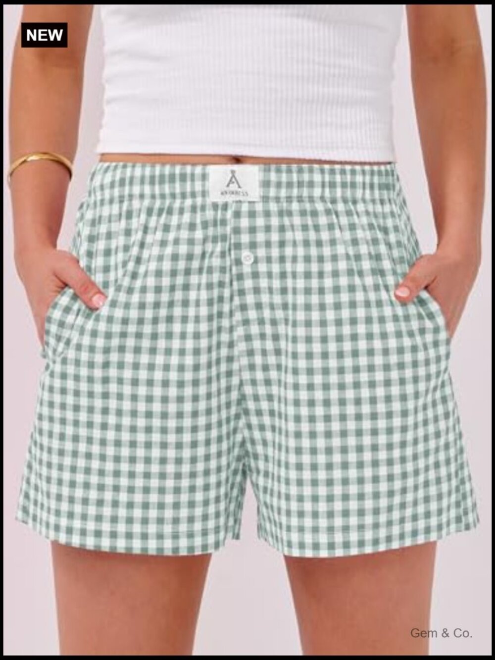 Gingham Plaid Boxer Shorts with Pockets, High Rise, Relaxed Fit - Picture 2 of 7
